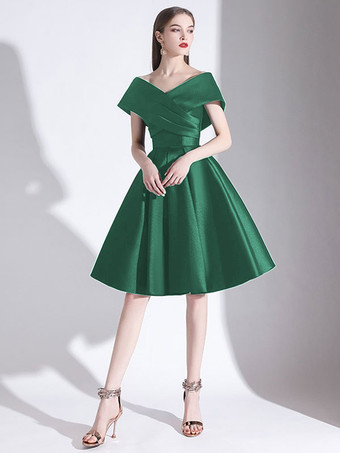 ダークグリーンイブニングドレスaラインvネック膝丈半袖レースアッププリーツサテン生地カクテルドレスリトルブラックドレス