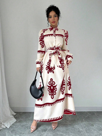 抽象的なプリントとベルトが付いた女性用マキシシャツドレス 2025