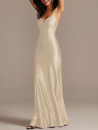 Champagne Robe de demoiselle d'honneur bordeaux en satin de soie stretch col V à bretelle au sol robe de soirée de mariage