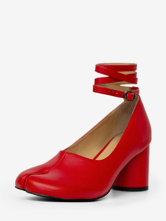 レッドチャンキーヒールパンプス、つま先スプリットアンクルストラップ、ヴィンテージパンプス（レディース）