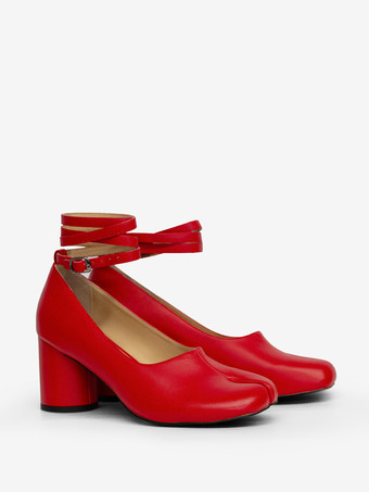 レッドチャンキーヒールパンプス、つま先スプリットアンクルストラップ、ヴィンテージパンプス（レディース）