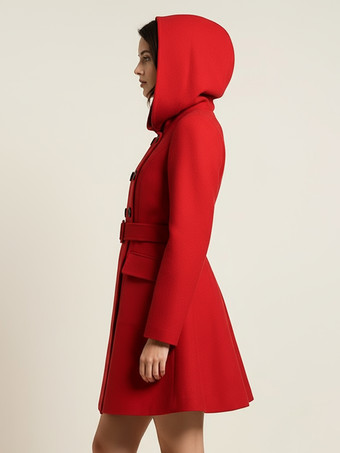 ダブルブレストデザインとベルト付きフード付きAラインミディコート（レディース 2025）