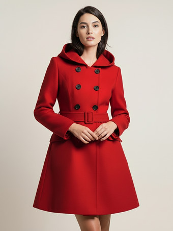 ダブルブレストデザインとベルト付きフード付きAラインミディコート（レディース 2025）