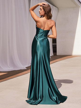 イブニングドレス マーメイド スウィートハートネック サテン生地 トレーン付き フロントスリット フォーマル パーティードレス