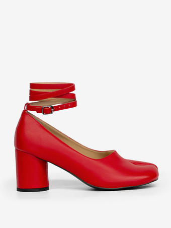 レッドチャンキーヒールパンプス、つま先スプリットアンクルストラップ、ヴィンテージパンプス（レディース）