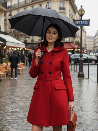 ダブルブレストデザインとベルト付きフード付きAラインミディコート（レディース 2025）