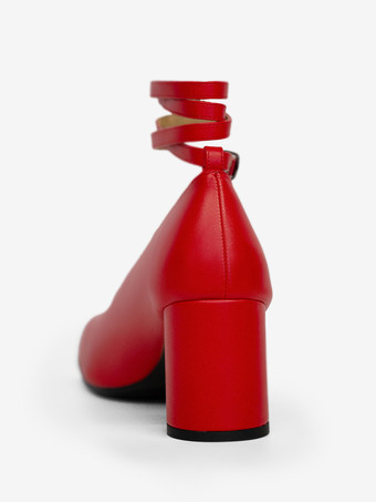 レッドチャンキーヒールパンプス、つま先スプリットアンクルストラップ、ヴィンテージパンプス（レディース）