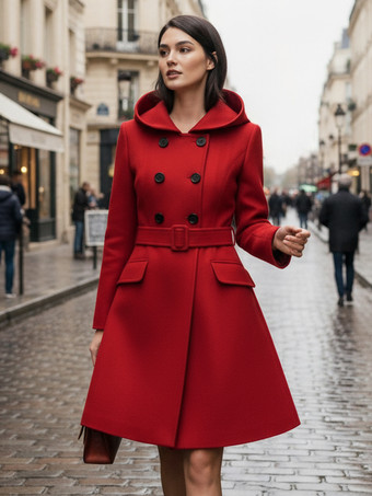 ダブルブレストデザインとベルト付きフード付きAラインミディコート（レディース 2025）