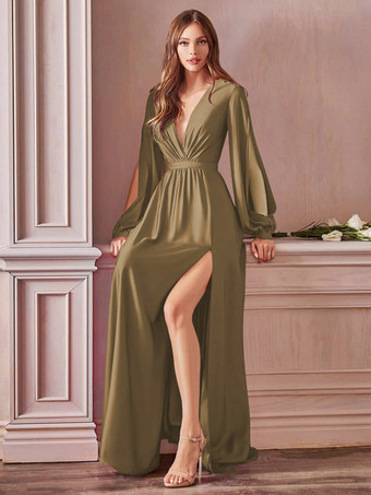 ブラウンイブニングドレスA ライン V ネック床長さの長袖バックレススプリットフロント弾性シルクのようなサテンフォーマルパーティードレス