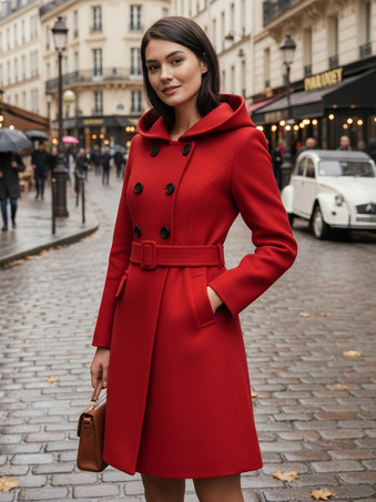 ダブルブレストデザインとベルト付きフード付きAラインミディコート（レディース 2025）