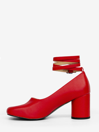 レッドチャンキーヒールパンプス、つま先スプリットアンクルストラップ、ヴィンテージパンプス（レディース）