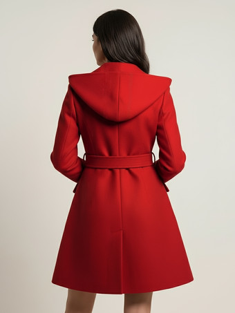 ダブルブレストデザインとベルト付きフード付きAラインミディコート（レディース 2025）