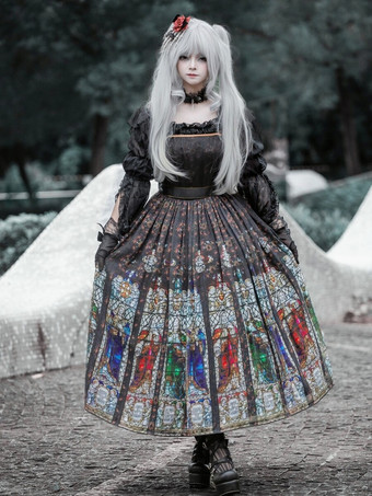 Gothic Lolita Kleider Rüschen Blumendruck Schwarz
