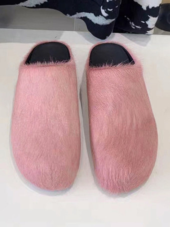 PinkWomen Winter Slippers Faux Fur Hair Round Toe slides