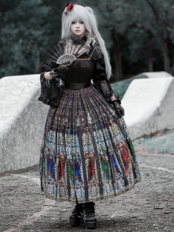 Gothic Lolita Kleider Rüschen Blumendruck Schwarz