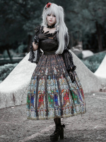 Gothic Lolita Kleider Rüschen Blumendruck Schwarz