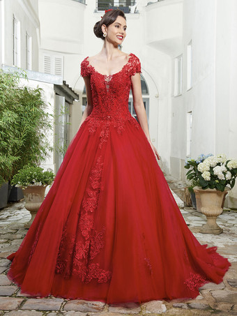 レッド 赤いウェディングドレス チュール ブライダルドレス アップリケ イブニングパーティードレス 無料カスタマイズ