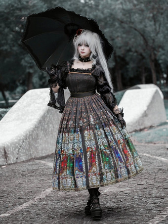 Gothic Lolita Kleider Rüschen Blumendruck Schwarz