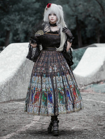 Gothic Lolita Kleider Rüschen Blumendruck Schwarz
