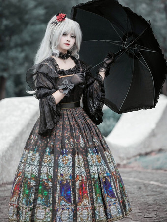 SchwarzGothic Lolita Kleider Rüschen Blumendruck Schwarz