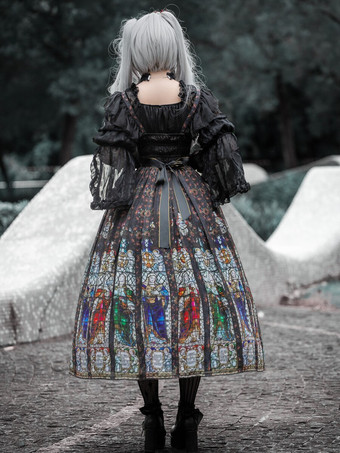 Gothic Lolita Kleider Rüschen Blumendruck Schwarz