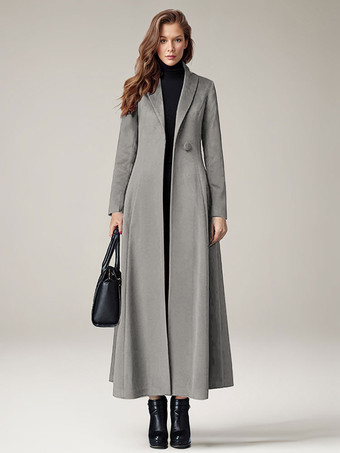 グレイレディースコート 暖かい冬 Aラインラペル フルレングス マキシウールコート 2025