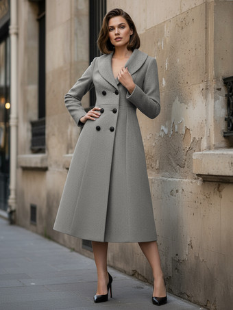 ウールダブルブレストAラインミディコート（ショールカラー、レディース）2025年モデル