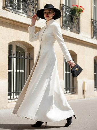 スタンドカラーとAラインシルエットのホワイトウールのフルレングスコート（レディース 2025年）