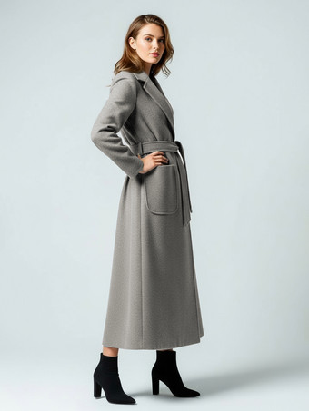 Cappotto lungo in lana con cintura e revers a lancia per donna 2025