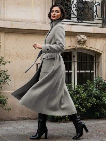 ベルト付きウールスタンドカラーロング冬コート（レディース用、機能的なポケット付き）2025年モデル