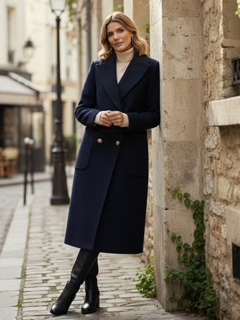 Cappotto midi doppiopetto in lana con bottoni dorati per donna 2025