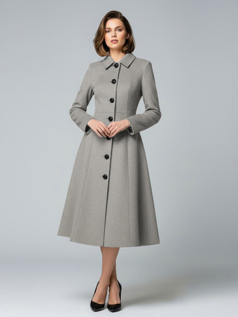 シャツカラーのウールAラインミディコート（レディース）2025