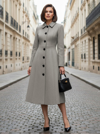 シャツカラーのウールAラインミディコート（レディース）2025