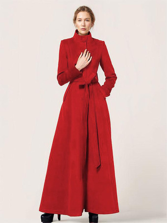 レッド ロングウールブレンドコート スタンドカラー ベルト付き 暖かい クラシック フルレングス 冬アウター レディース 2025