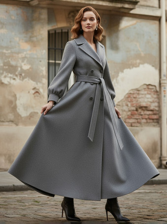 ベルト付きダブルブレストウールフルレングスコート（バルーンスリーブ）レディース 2025