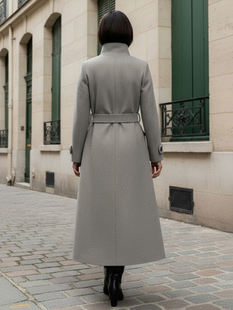 ベルト付きウールスタンドカラーロング冬コート（レディース用、機能的なポケット付き）2025年モデル