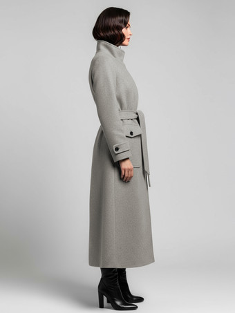 ベルト付きウールスタンドカラーロング冬コート（レディース用、機能的なポケット付き）2025年モデル