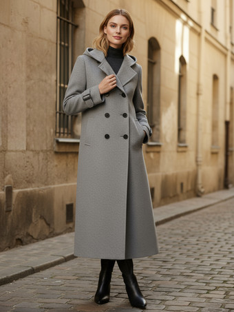 フード付きダブルブレストロングウールコート（袖口タブ付き、レディース）2025年モデル