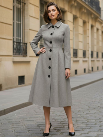 シャツカラーのウールAラインミディコート（レディース）2025