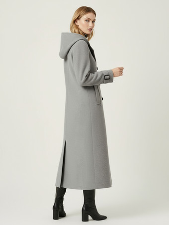 フード付きダブルブレストロングウールコート（袖口タブ付き、レディース）2025年モデル