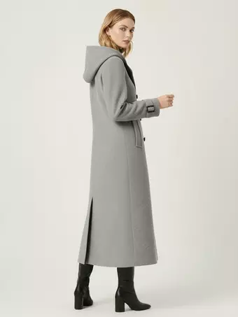 フード付きダブルブレストロングウールコート（袖口タブ付き