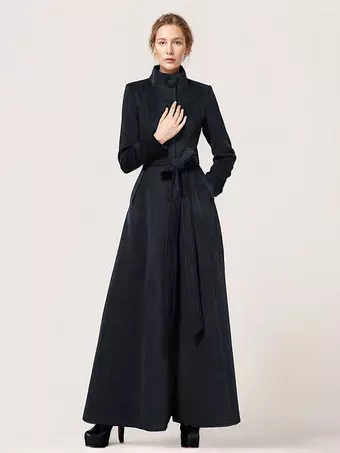 Long Wool Blend Coat Stand collar Belted Warm Classic Full-length Winter  Outerwear For Women 2025