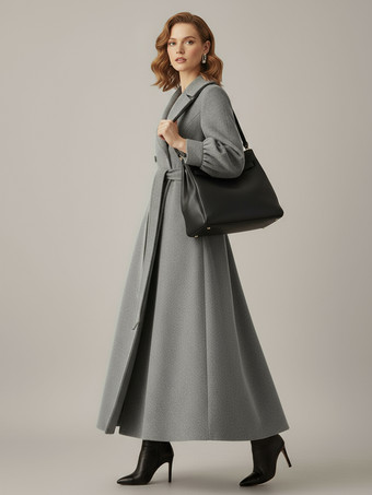 ベルト付きダブルブレストウールフルレングスコート（バルーンスリーブ）レディース 2025