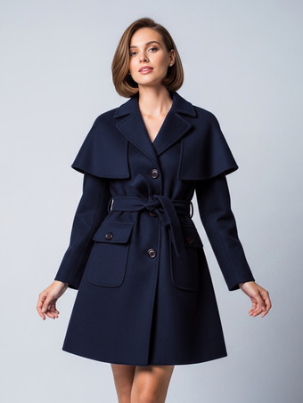 Blu Marino ScuroCappotto corto in lana con cintura mantellina staccabile e silhouette a trapezio per donna 2025