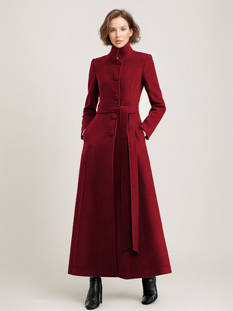 バーガンディーウール混紡ロングコート ブラック ベルト付き スタンドカラー 冬 フルレングス アウターウェア レディース 2025