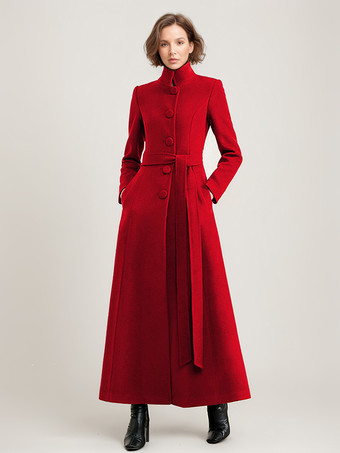 レッド ウール混紡ロングコート ブラック ベルト付き スタンドカラー 冬 フルレングス アウターウェア レディース 2025
