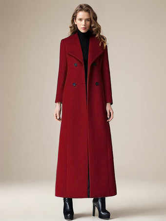 バーガンディーレディース ウールコート ターンダウンカラー ダブルブレスト フルレングス レトロ ラップコート 冬アウター 2025