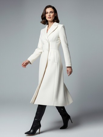 シャープなラペルとXラインが特徴のホワイトウールのダブルブレストミディコート（レディース 2025年モデル）