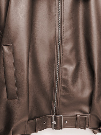 2025年秋冬 ベルト付きオーバーサイズフェイクレザーボンバージャケット