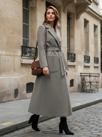 Cappotto lungo in lana con cintura e revers a lancia per donna 2025